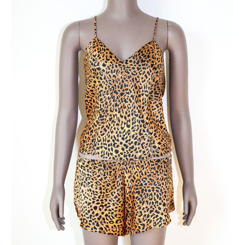 Vintage 80s Leopard Print Silk Pajama Set 2 Piece Matching Set Size Medium‎